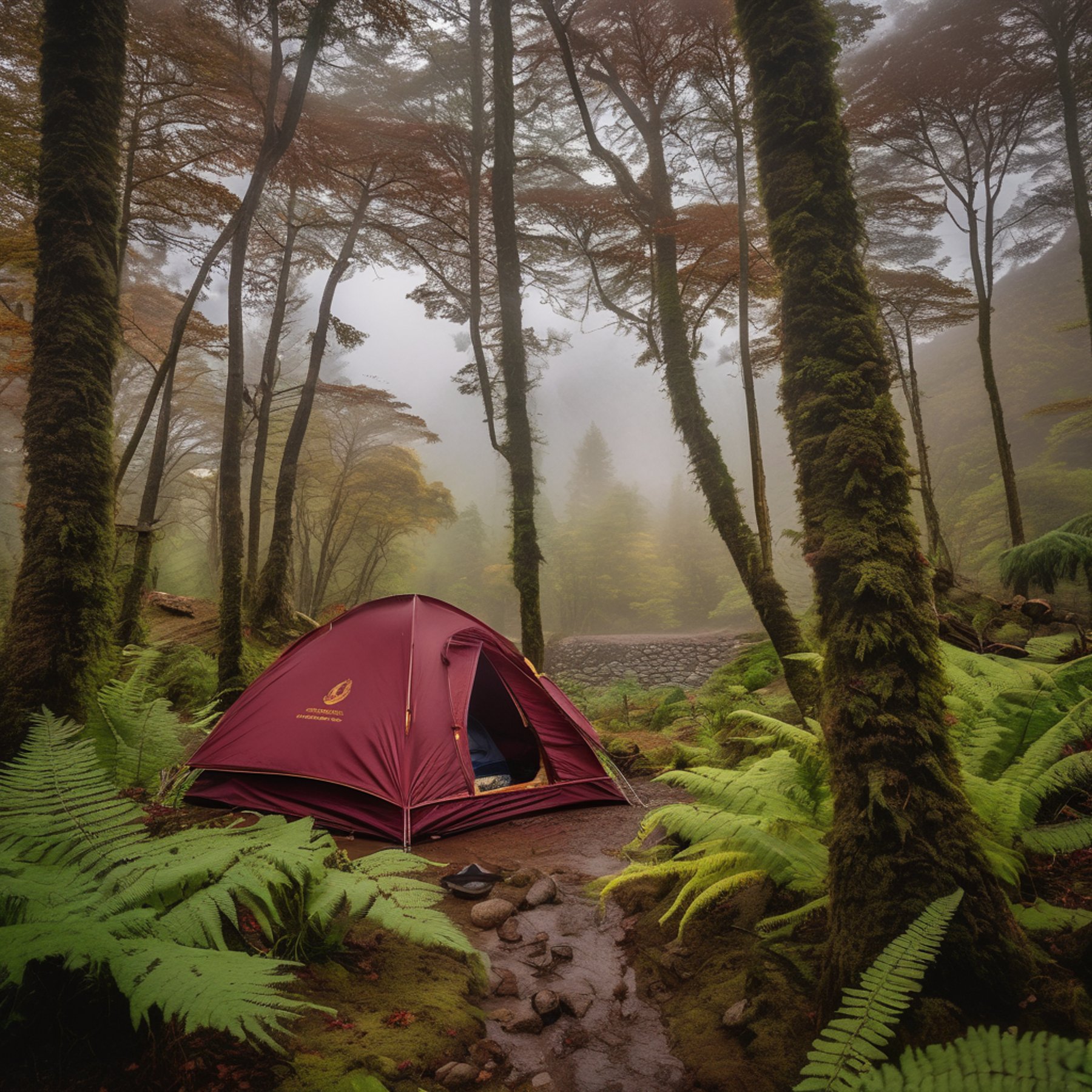 A burgundy tent rests beside a warm, misty hot spring, surrounded by ferns and patches of stone. A deer stands quietly in the distance beneath the cloudy sky.