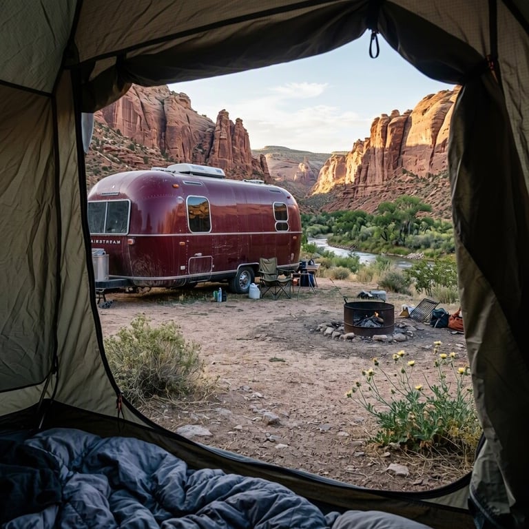 A burgundy trailer rests beside the quiet Escalante River, with a narrow red-rock canyon rising in the distance. Soft morning light warms the dusty camp, where a few tiny desert flowers add a touch of color.