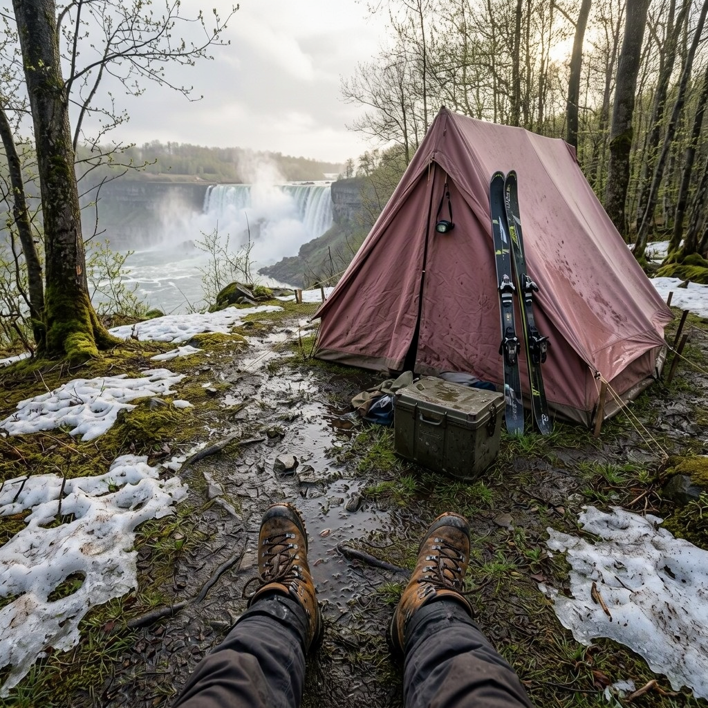From over a pair of muddy boots, a rose-colored tent stands beside a waterfall. Skis lean against the tent, with melting snow and a gear box on the ground.