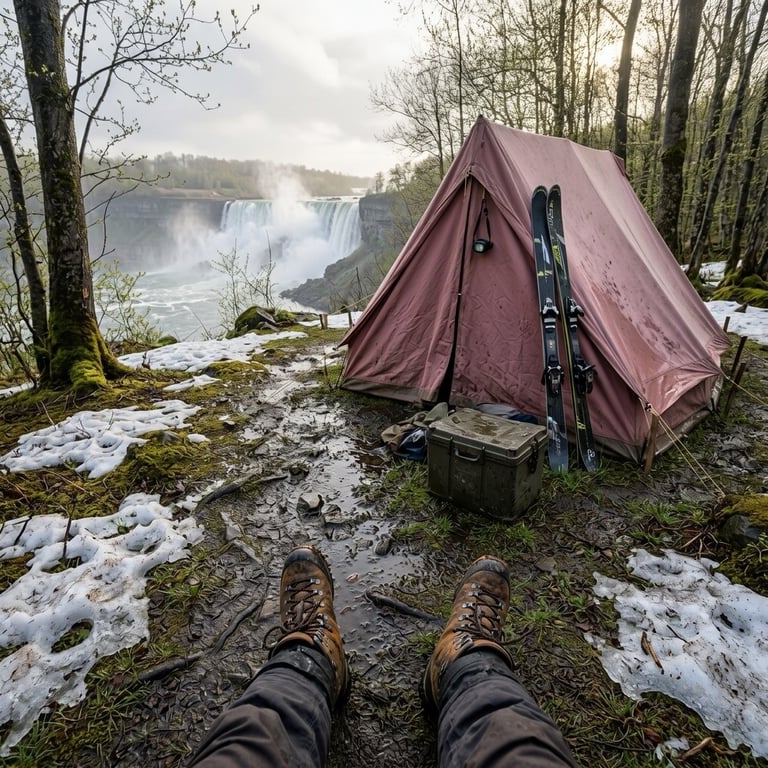 From over a pair of muddy boots, a rose-colored tent stands beside a waterfall. Skis lean against the tent, with melting snow and a gear box on the ground.