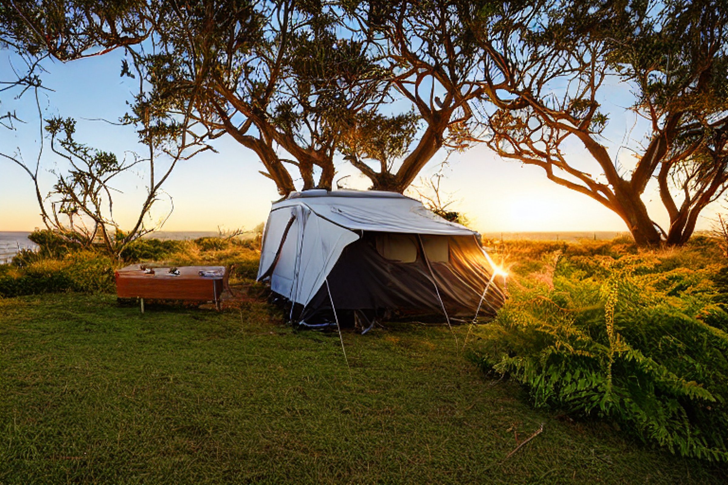 A Subaru with an open rooftop tent rests at a quiet campsite near San Diego Beach. Ferns, tall grass, and mossy trees surround the dirt clearing as the sun sets. A pale moon hangs in the clear sky.