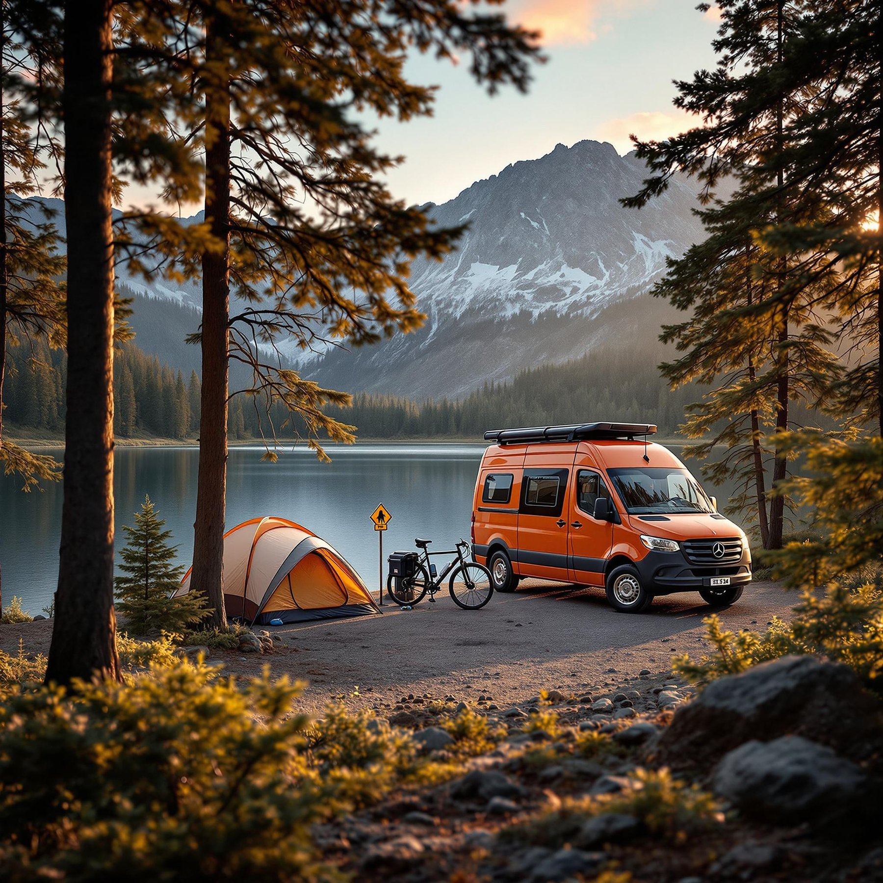 This campsite sits by a calm lake with tall pine trees and snowy mountains in the background. A bright orange van and a cozy tent make it the perfect place for an adventure. You can ride bikes, explore the woods, or just relax by the water.