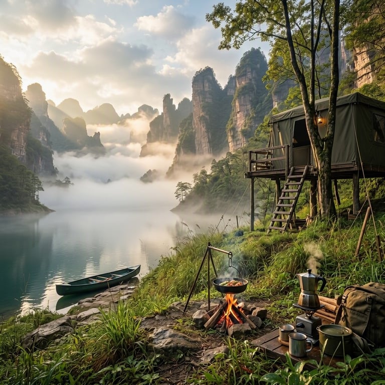 A quiet campsite rests on a grassy hillside above Baofeng Lake. An olive-green treehouse, canoe, and small campfire sit among the tall grass, while soft clouds of mist fill the valley below.