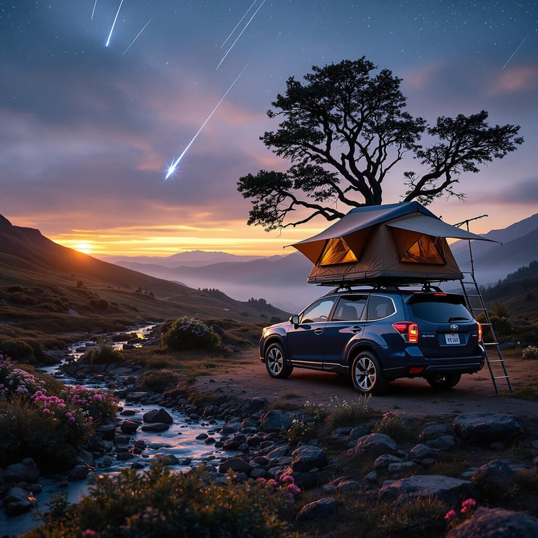 In a magical mountain valley, a cozy tent sits atop a car under the twinkling stars. A gentle stream flows by, with bright pink flowers blooming nearby. The sunset paints the sky with colors as shooting stars dance above.