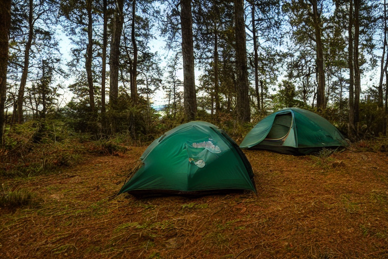 A green tent rests on a dirt patch near the beach, surrounded by tall grass, ferns, and colorful fall trees. A warm campfire glows beside a backpack under a star-filled, stormy sky.