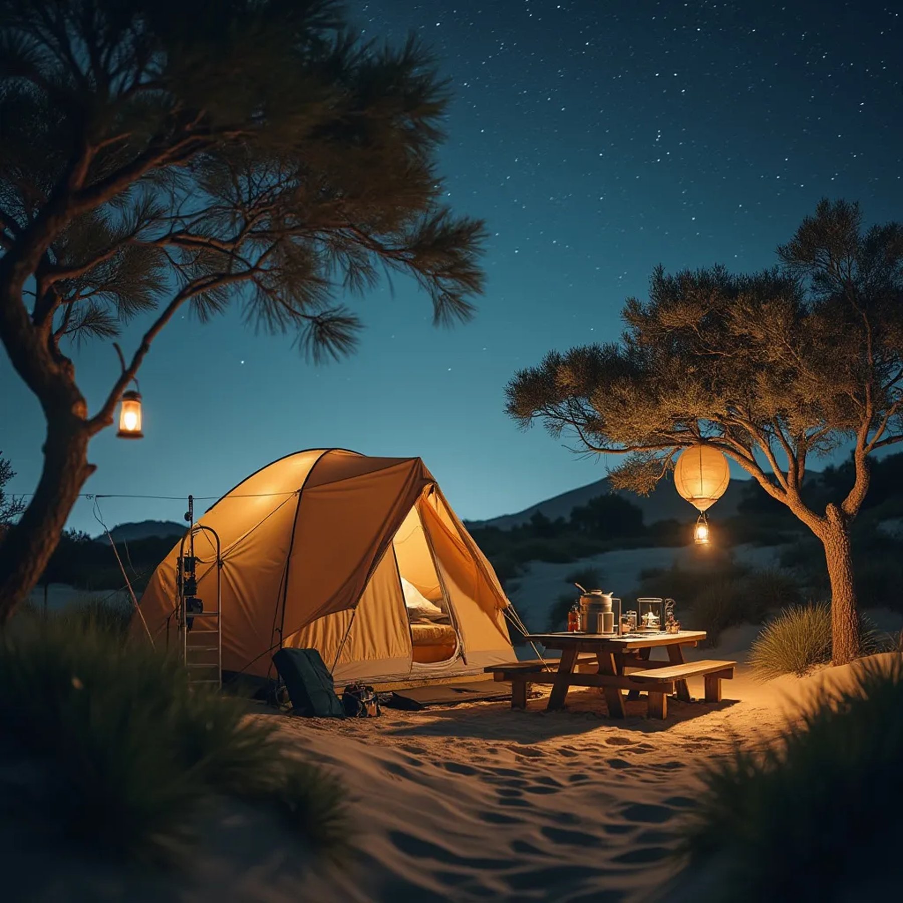 A cozy beige tent rests among coastal dunes beneath a cloudy sky filled with falling stars. Nearby, a small waterfall, picnic table, fishing rod, and glowing solar lantern make the campsite feel peaceful and magical.
