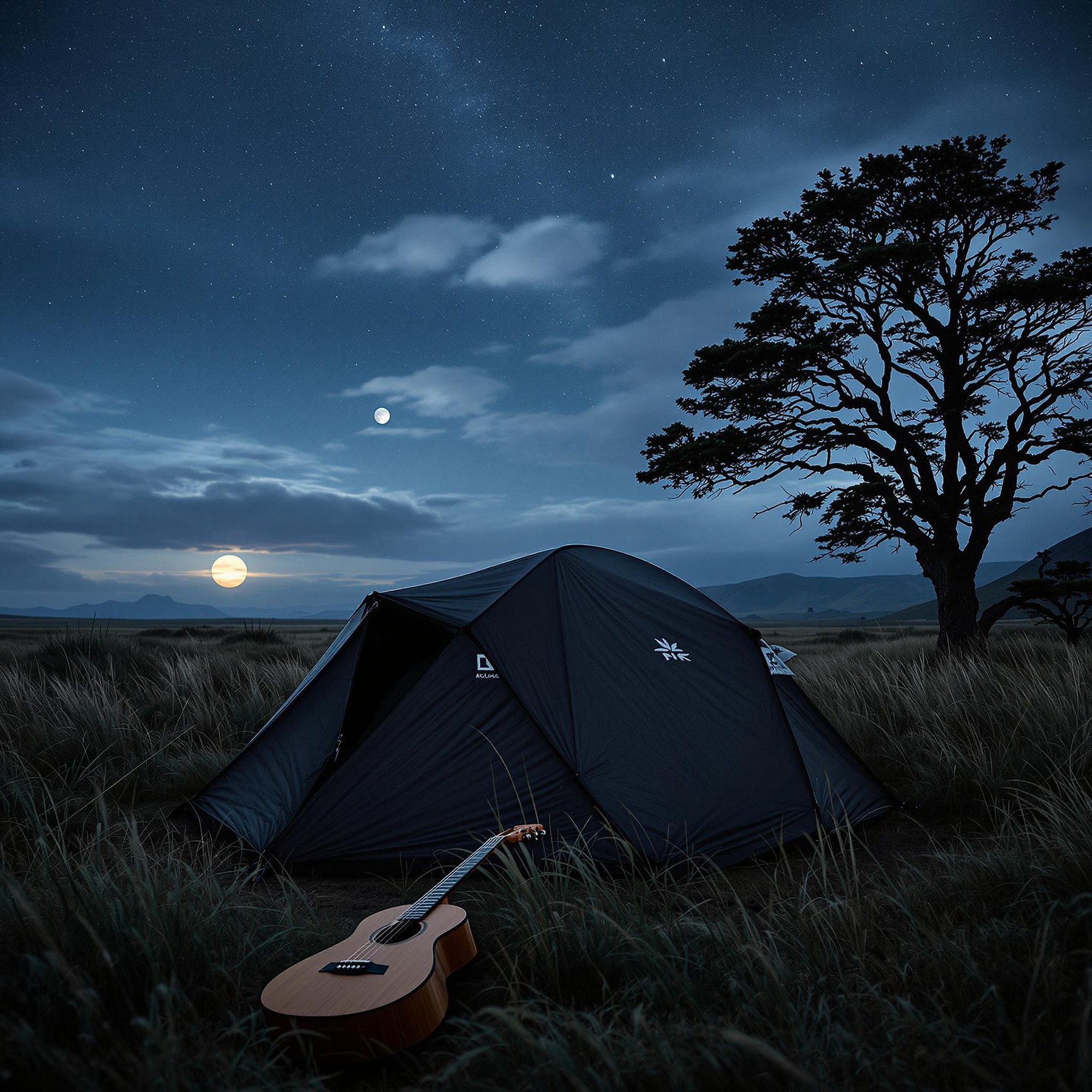 Under a sky full of stars and a glowing moon, a cozy tent sits in a peaceful field of tall grass. A guitar rests nearby, ready for campfire songs. It's a calm, magical night in nature.