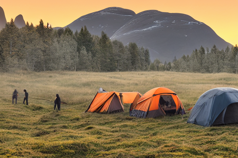 A gray and orange tent rests beside a dirt patch at a paved campsite in Norway. Tall grass, soft fog, and golden evening light create a calm mood, while surfers and a pale moon add a fun touch.