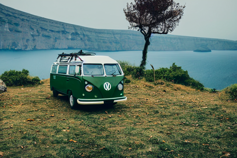 A forest-green camper van rests at a quiet paved campsite in Santorini as dusk settles in. Fall-colored trees, wet leaves, and tall grass surround a small dirt patch, with a backpack nearby. The rainy air gives the scene a calm, cozy feeling.