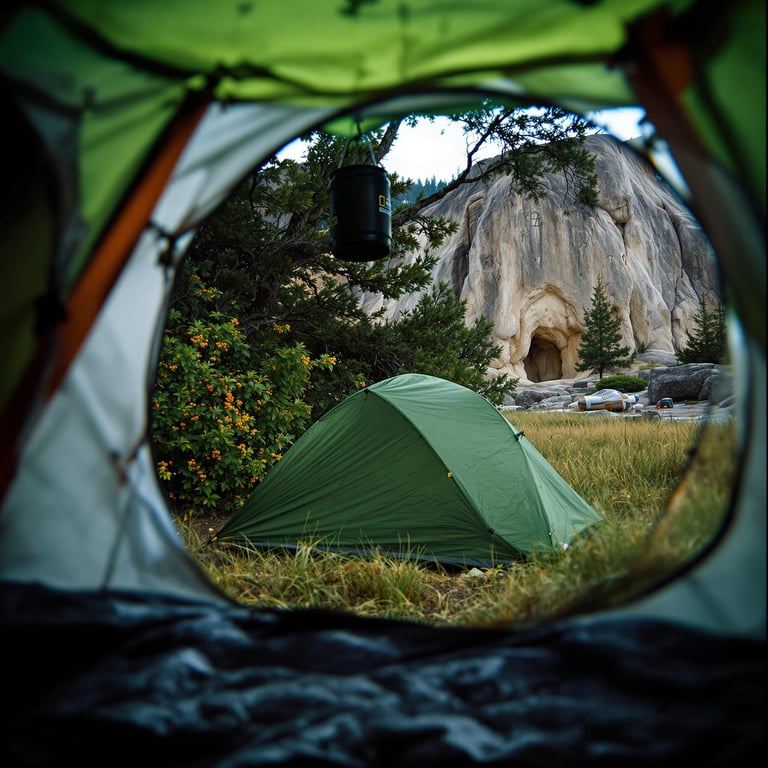 A green tent rests in tall grass beside a steaming geyser under the night sky. Bushes, berry-covered plants, and ancient markings on nearby rocks give the campsite a wild, mysterious feel. A bear-proof food container hangs from a tree nearby.