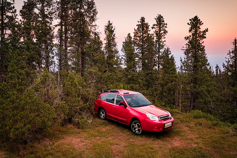 A red and white Subaru sits at a quiet Colorado campsite, with a cozy rooftop tent open above it. Mossy trees, thick bushes, and soft fog surround the dirt clearing. A warm campfire glows beside the logs as the sun sets.