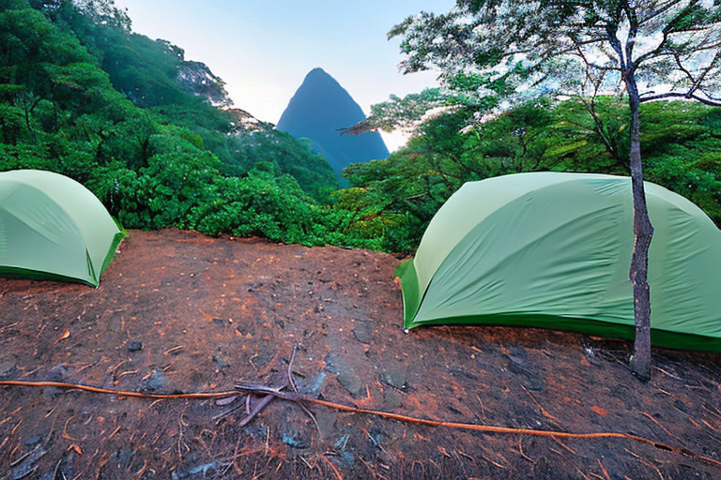 A green tent rests on a quiet dirt campsite in the misty forest of Soufrière, St. Lucia. Large trees, boulders, and stone slabs surround the camp, glowing softly in the dusky light.