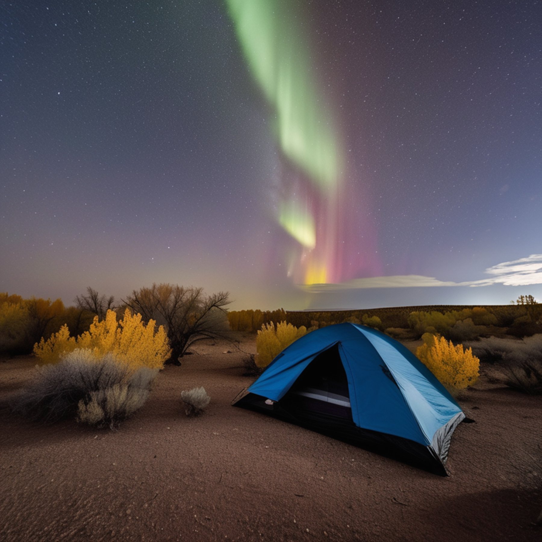 A gray-blue tent rests beside a warm campfire in a rocky petrified forest. Fall-colored trees surround the campsite as green and purple auroras glow through the cloudy night sky. A deer stands quietly in the distance.