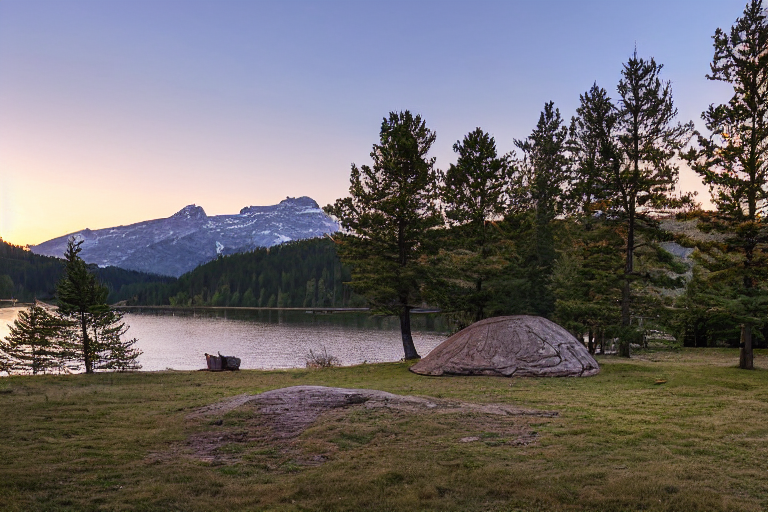 A brown tent rests on a paved campsite beside a peaceful lake. Golden sunlight warms the small trees, large rocks, and dirt clearing. Tall trees frame the view, with a mountain rising in the distance.