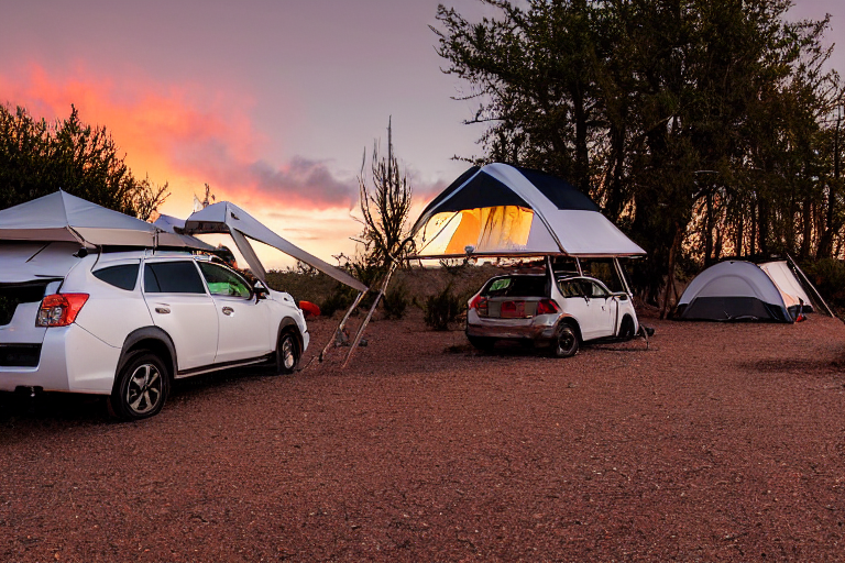 A white Subaru with an open rooftop tent rests in a quiet New Mexico desert campsite. A warm campfire glows among the logs, rocks, and small ferns as the sun sets beneath a clear sky.