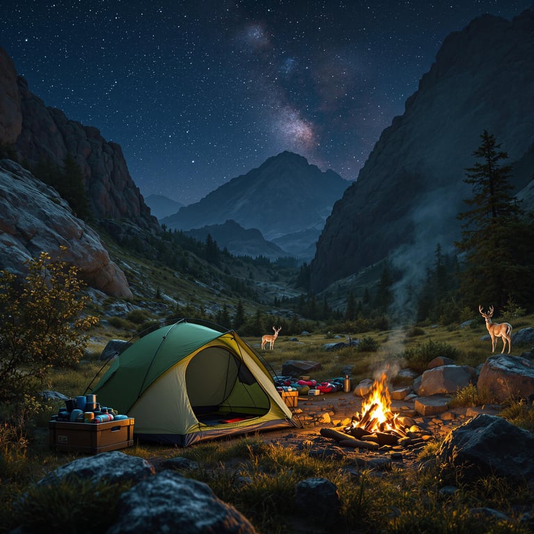 Nestled between towering mountains, this cozy campsite glows under a sky full of twinkling stars. A warm campfire crackles nearby, inviting the friendly deer to wander close. It’s a perfect night for stories under the Milky Way!