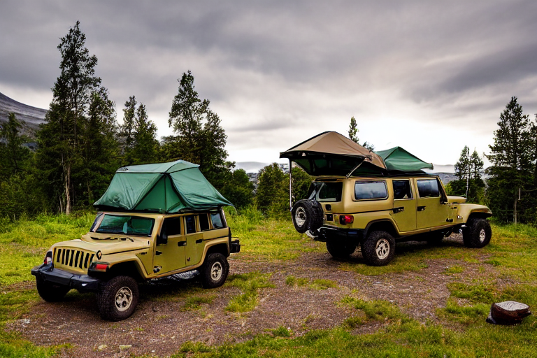 A green and tan Jeep sits at a quiet campsite in Norway, with a rooftop tent ready for the night. A warm campfire glows among the stones, while tall grass and a starry, cloudy sky create a peaceful outdoor setting.