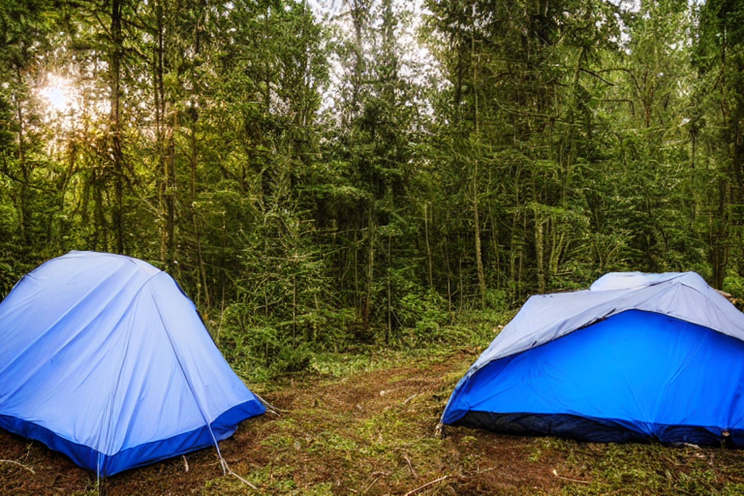 A gray and blue tent rests in a quiet, overgrown forest at sunset. A small stream winds through the gravel campsite, while logs circle a warm campfire. Thick bushes and soft golden light make the spot feel cozy and peaceful.