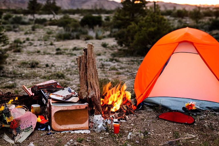 An orange tent rests in a quiet New Mexico desert beneath a snowy sunset sky. A warm campfire glows in the center, with logs, flowers, leaves, and camping gear nearby. A wooden guitar lies beside the cozy campsite.