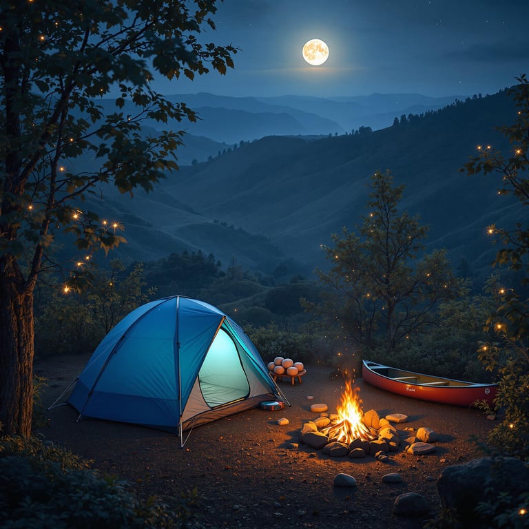 A blue dome tent rests in a quiet grove beneath a bright full moon. A warm campfire glows nearby, with marshmallows roasting and fireflies dancing in the hazy air. A canoe sits beside the campsite, while rolling hills stretch into the night.