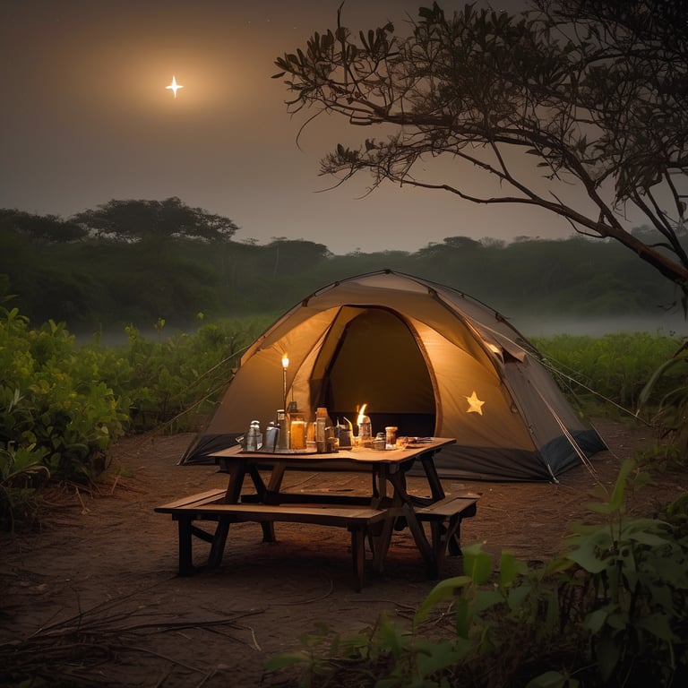 A cozy brown tent rests among the mangrove trees beneath a sky full of stars. Mist drifts through the campsite, where a picnic table and small camping stove wait nearby.