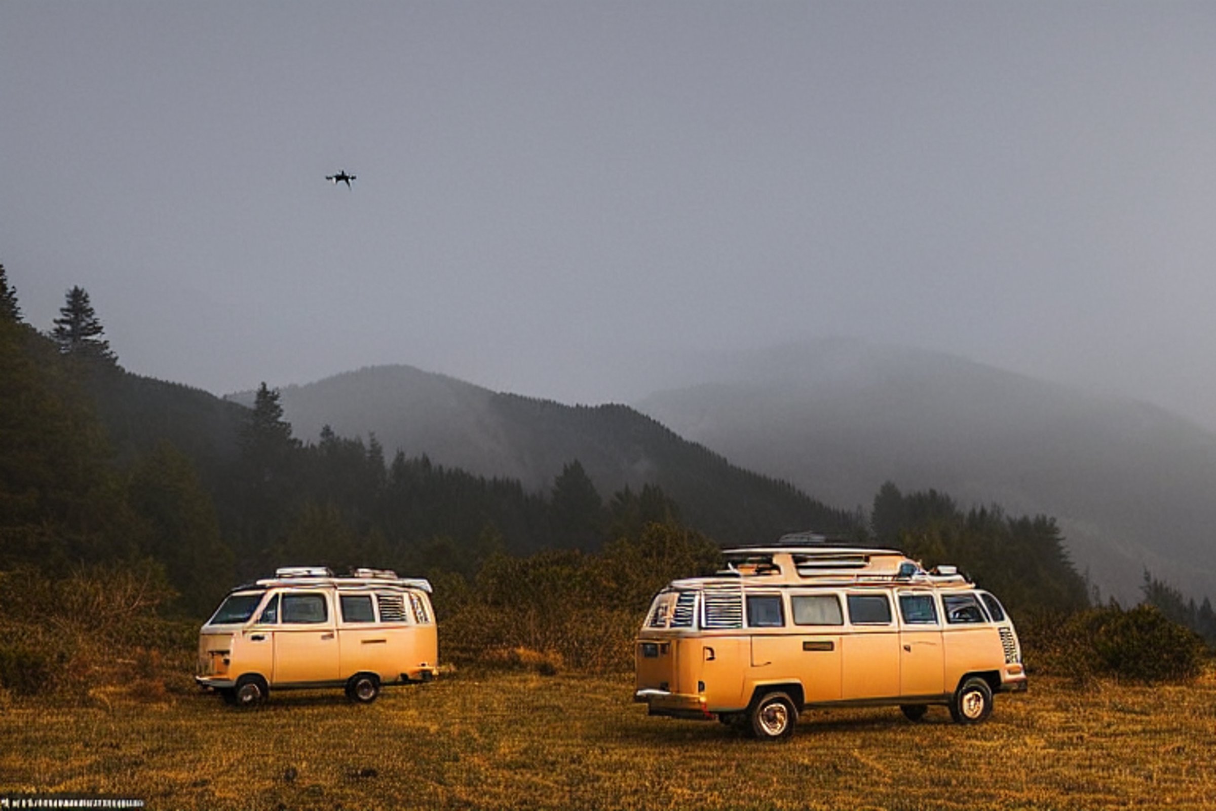 Two tan campervans rest by a cozy campfire on the foggy California coast. A deer stands near a large rock, while mountains fade into the soft sunset behind them.