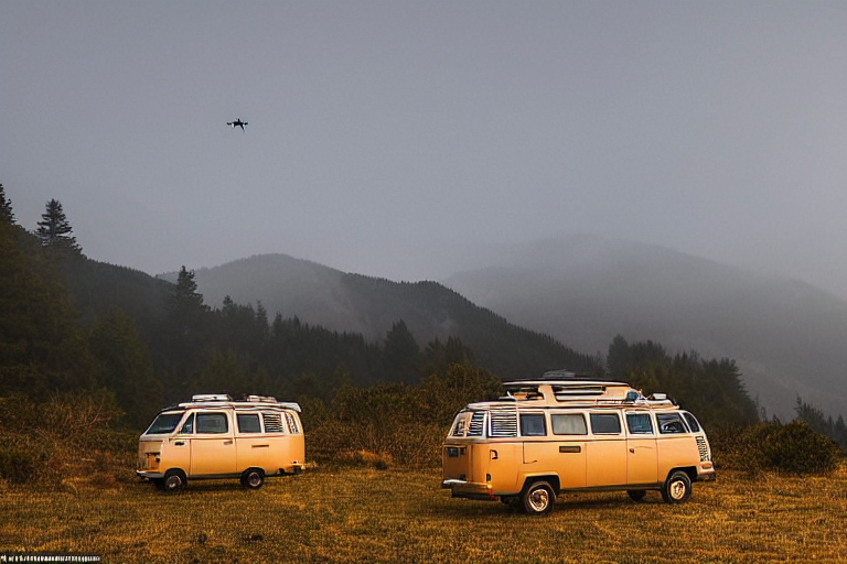 Two tan campervans rest by a cozy campfire on the foggy California coast. A deer stands near a large rock, while mountains fade into the soft sunset behind them.