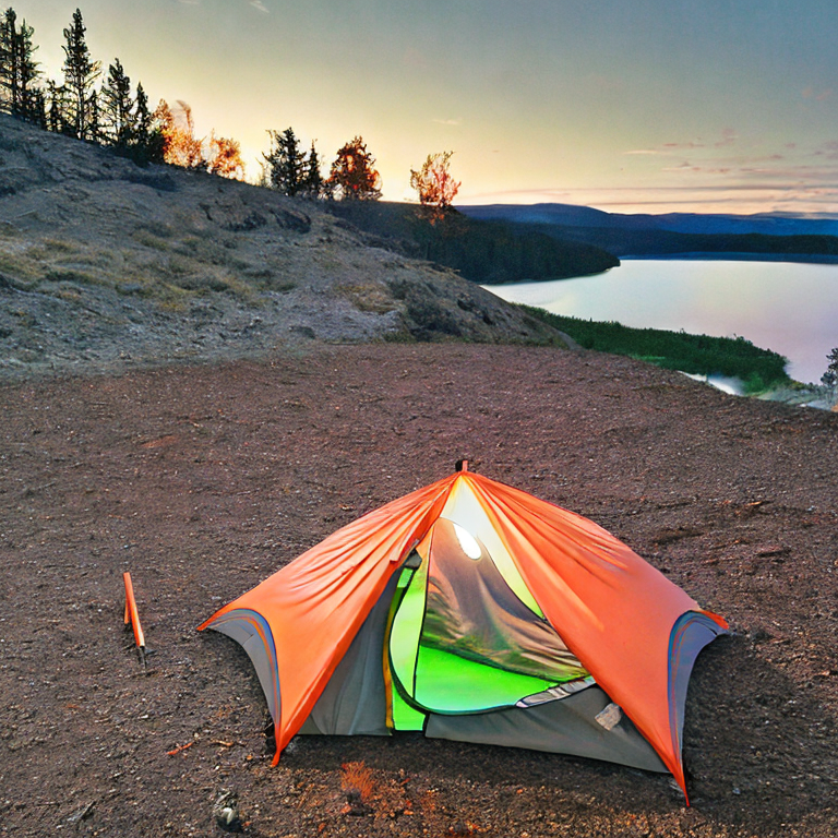 A gray and orange tent rests on a quiet dirt campsite beside a calm lake. Soft fog covers the rolling hills, while bright green and purple northern lights glow overhead. A lantern lights the gravel and nearby hiking path.