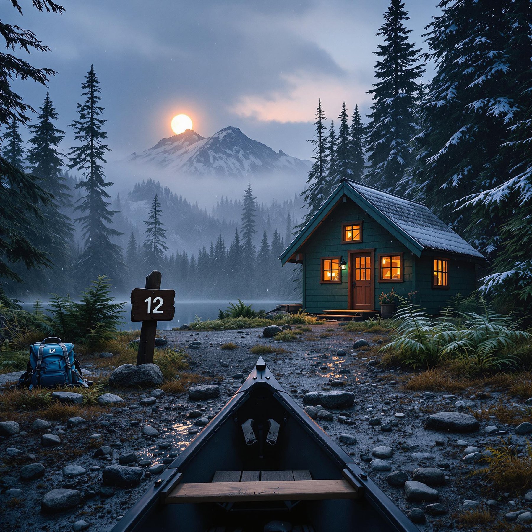 In a magical forest with tall, snowy trees, a cozy cabin glows warmly under the starry sky. The moon rises over the mountains, casting a silvery light on a peaceful lake. Adventure awaits near a path lined with rocks and ferns.
