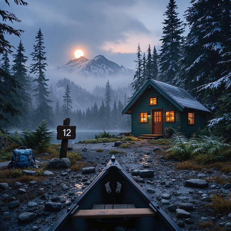 In a magical forest with tall, snowy trees, a cozy cabin glows warmly under the starry sky. The moon rises over the mountains, casting a silvery light on a peaceful lake. Adventure awaits near a path lined with rocks and ferns.