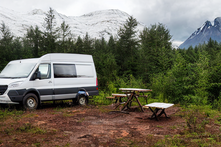A white camper van rests on a quiet dirt patch in a lush, overgrown forest. A mountain rises in the distance under the rainy sunset sky. Nearby, camping chairs, a picnic table, and a small campfire create a cozy outdoor space.