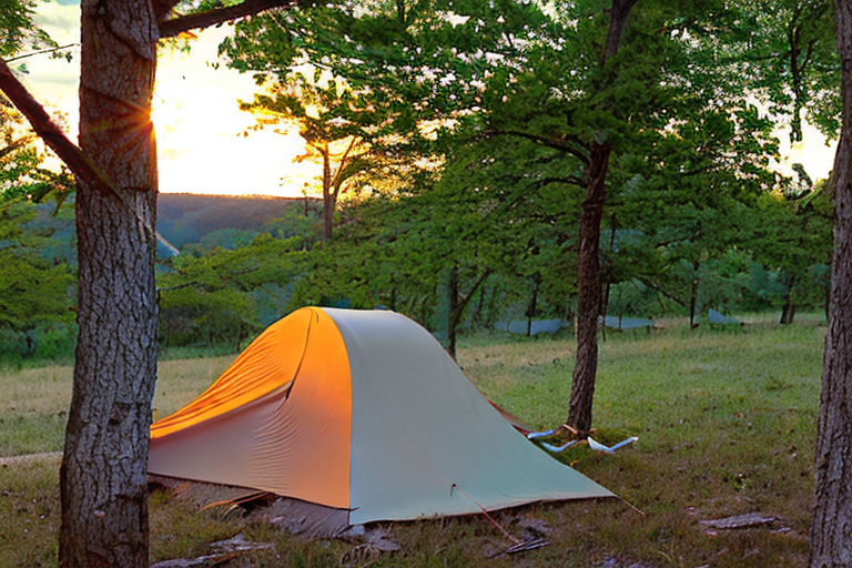 A cozy tent rests on a grassy Ozark campsite beside a small campfire. Rainy morning light shines through the trees, with a hammock, camping chairs, and a gear box nearby. A muddy dirt patch sits at the heart of the peaceful camp.