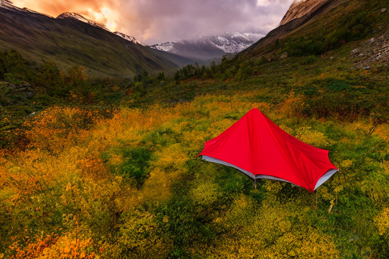 A bright red tent rests on a paved campsite in the Valley of Flowers. Golden trees, rough ground, and large stone slabs surround the spot, while light snow falls under the sunset sky.
