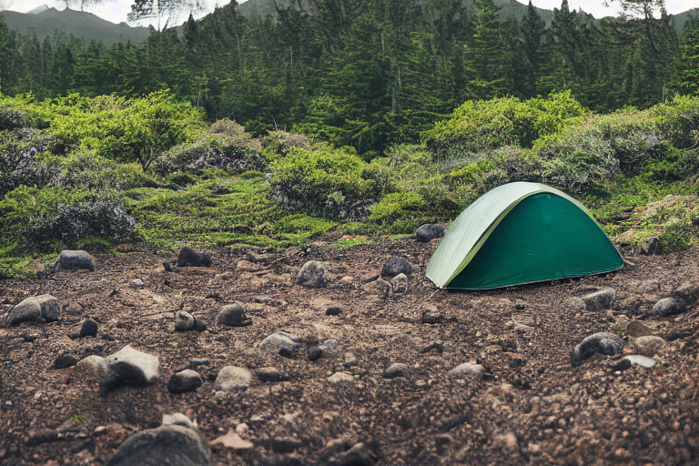 A green tent rests on a rocky campsite in Hawaii beneath a starry, rainy sky. A warm campfire glows on the dirt, with a backpack nearby and the moon shining in the distance.