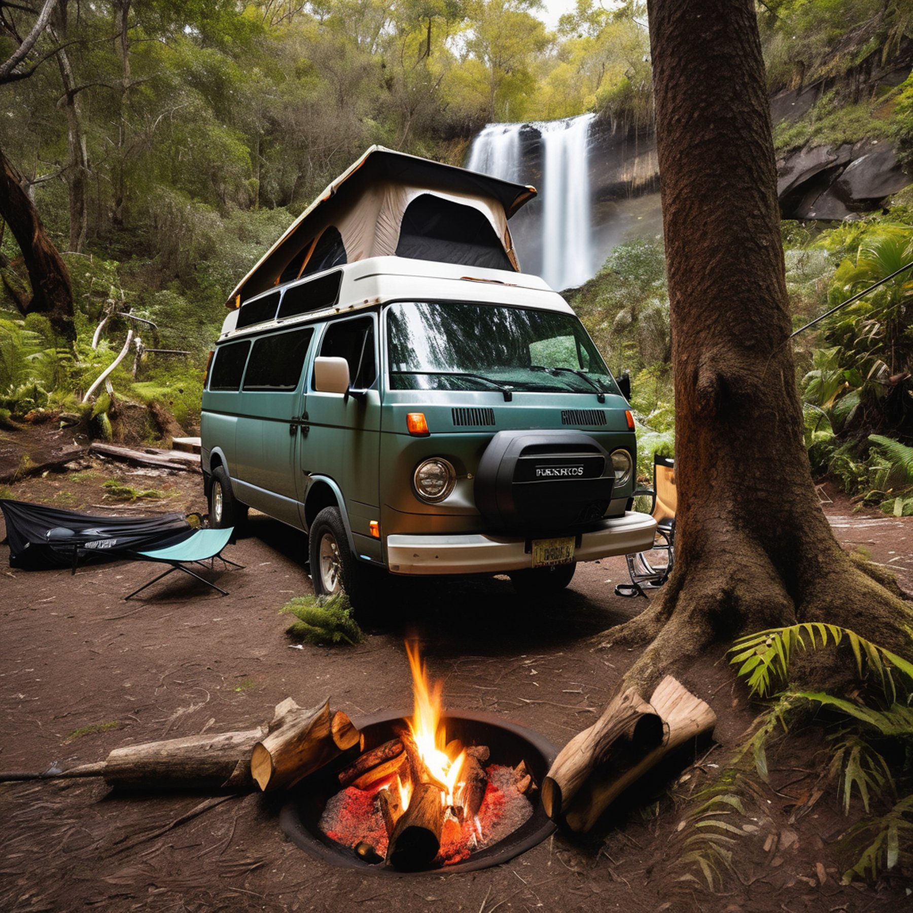 A cozy campsite rests in a dusty marsh beneath a tall cliff and rushing waterfall. A camper van, tent, bicycle, and fishing rod surround the warm campfire, where marshmallows roast as hikers explore nearby.