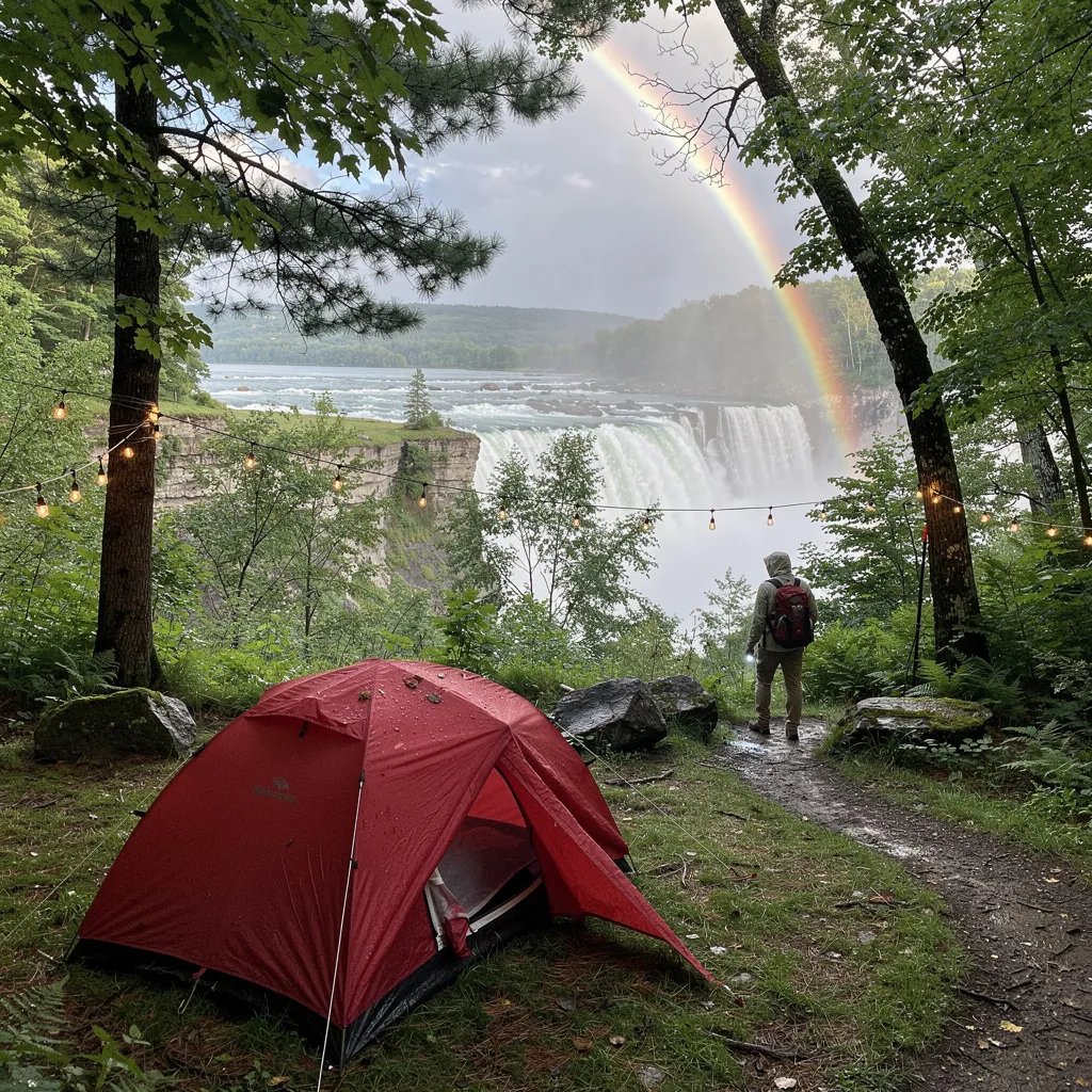 A red little tent sits in a green forest clearing near the misty falls. Soft string lights hang between two trees, making the campsite feel cozy after the rain. In the distance, a lone hiker walks the trail, and a bright double rainbow shines through the mist.