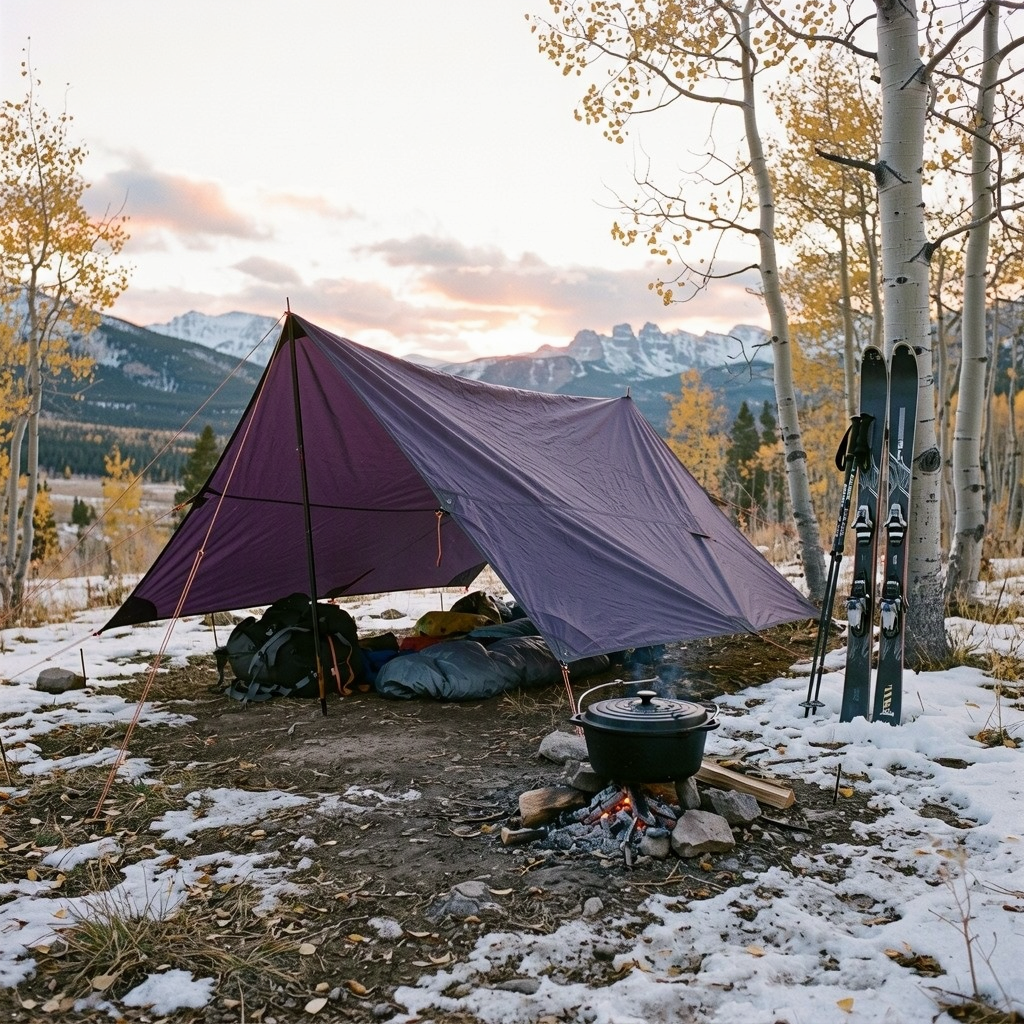 A purple tarp shelter fills this campsite view at eye level. Skis stand beside it, and a pot sits over a small fire among patches of snow.