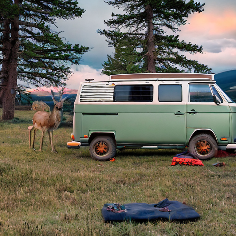 A VW campervan rests on a dirt clearing in Yellowstone as the sun sets behind rolling hills. Camping chairs, a clothesline, and a warm campfire create a cozy mood, while a deer watches from the distance beneath stormy skies.