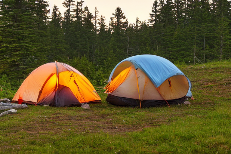 A colorful tent sits on a paved campsite along the foggy coast of Maine. Large stone slabs, a picnic table, and a wooden guitar add charm to the peaceful sunset scene. In the distance, a camper’s flashlight glows softly.