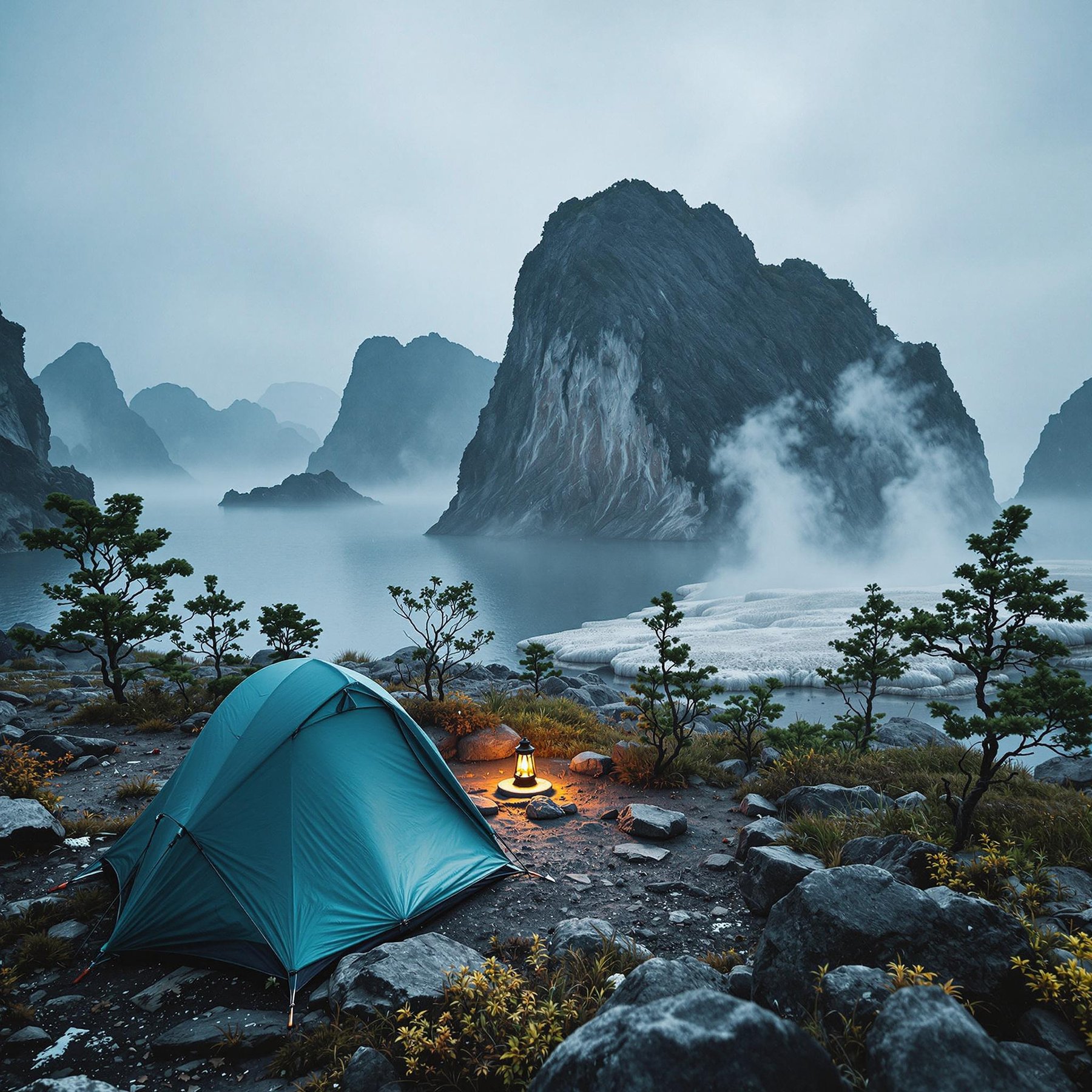 This campsite sits by a calm lake surrounded by tall, misty mountains. A cozy tent and glowing lantern make it feel warm and peaceful. Little trees and rocks add to the magic of this wild place.