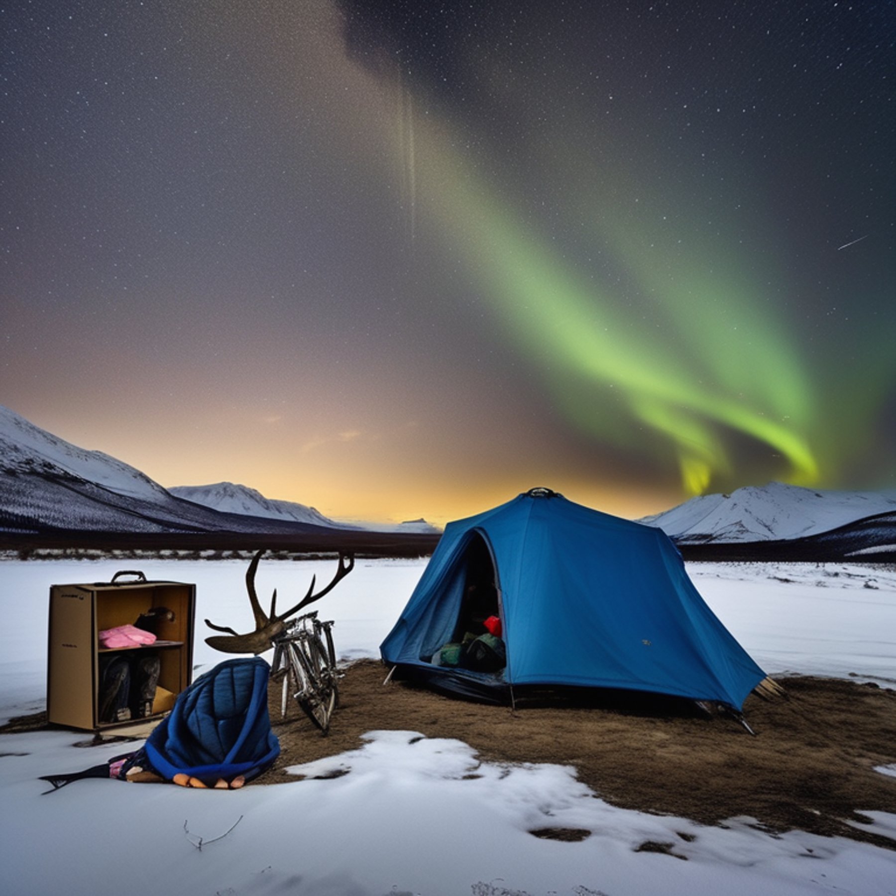 A blue and gray tent rests on a mountain campsite beneath glowing green and blue northern lights. Clothes hang on a nearby line, while camping gear sits by a dirt patch. Stormy clouds gather overhead, and a deer watches from the distance.