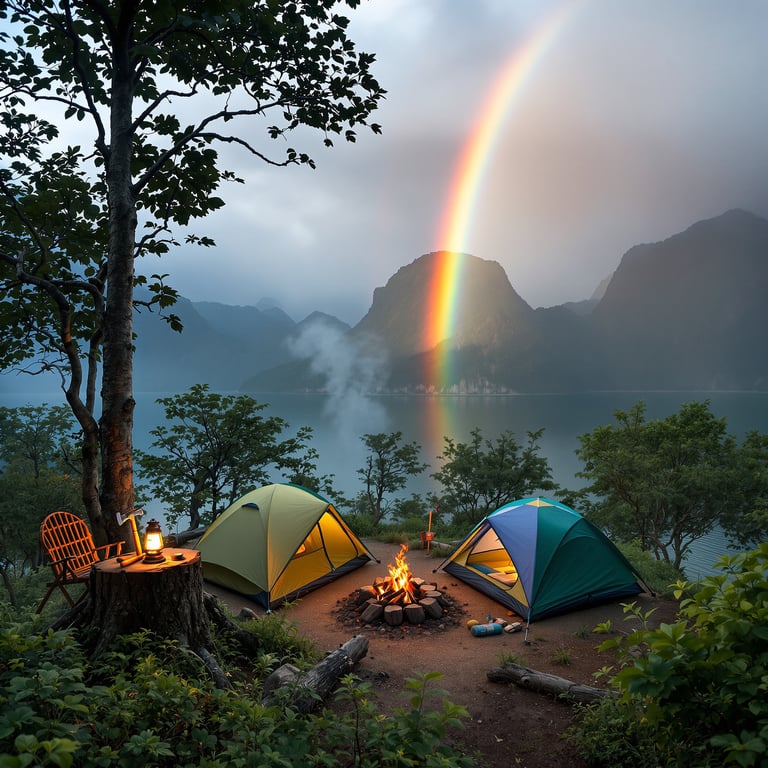 Two tents sit by a cozy campfire, right next to a calm lake. A bright rainbow shines over the mountains, making everything feel magical. Lush trees and misty air make this campsite peaceful and inviting.