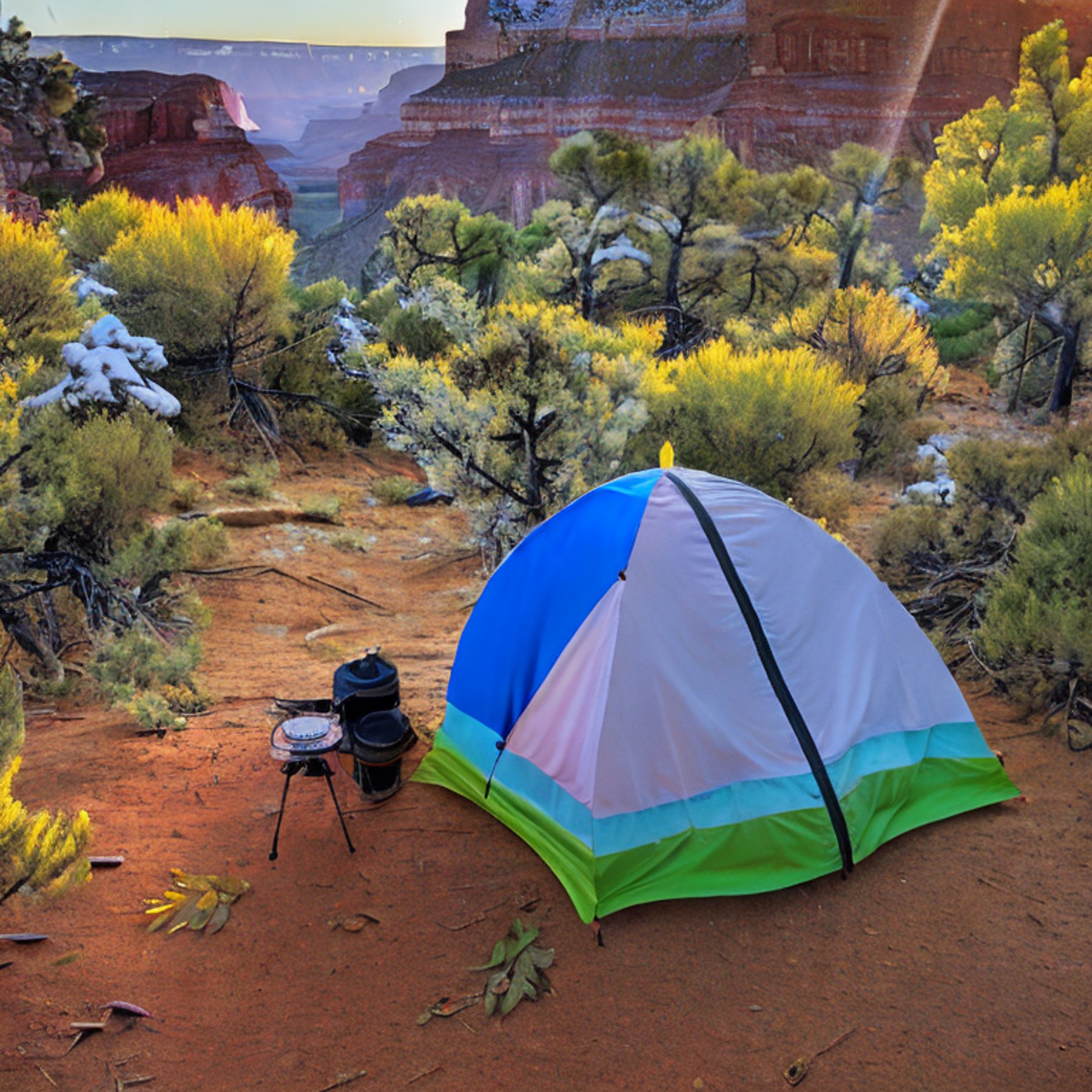 A colorful two-person tent rests on a small dirt patch at a paved Grand Canyon campsite. Snowy trees, fallen leaves, and tall grass surround the site, while warm golden light fills the air. A box of camping gear sits nearby, ready for adventure.