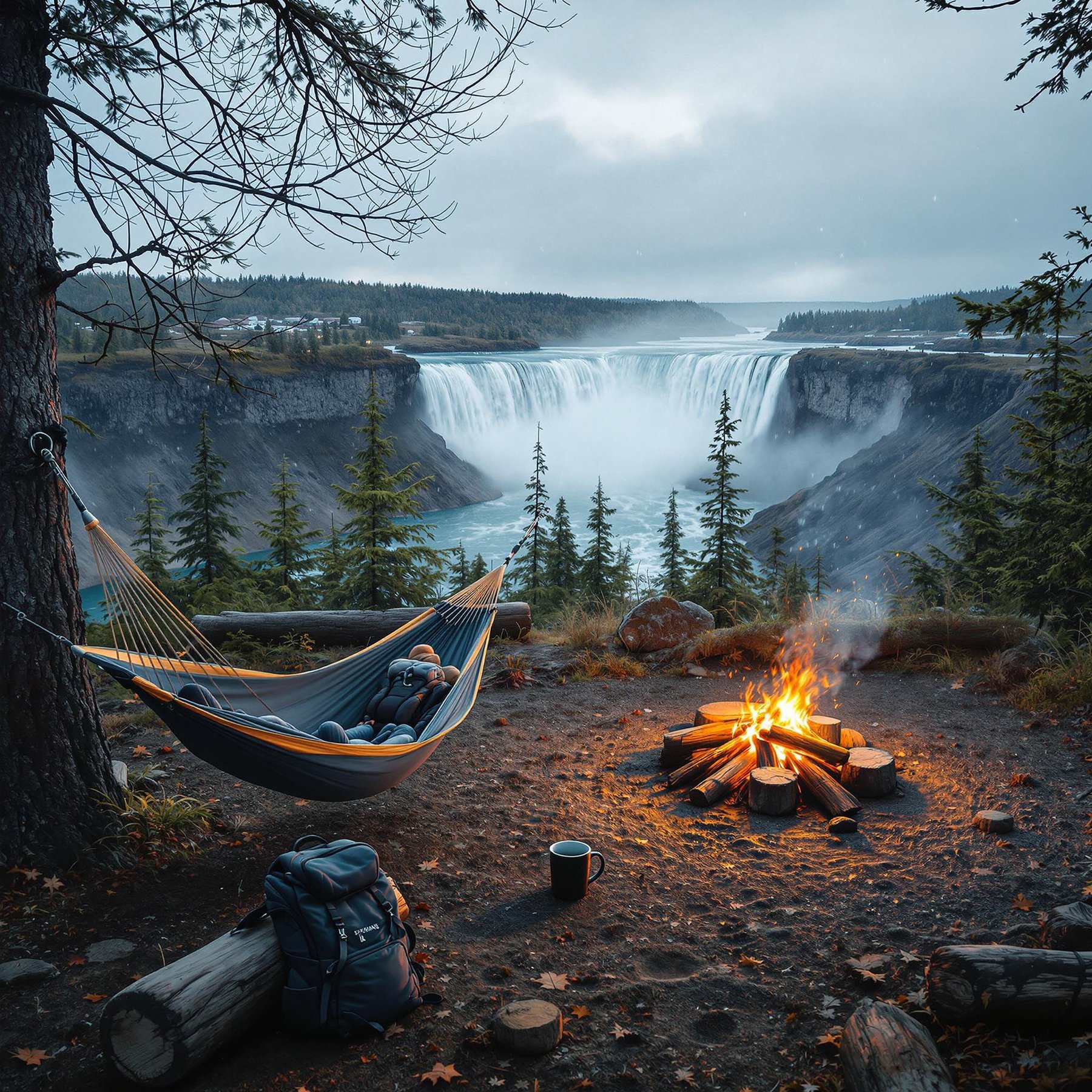 A cozy hammock campsite rests near the roaring Niagara Falls. Snow swirls through the gray sky, while a campfire warms a mug on a log. A backpack, gravel patches, and animal tracks dot the ground below.
