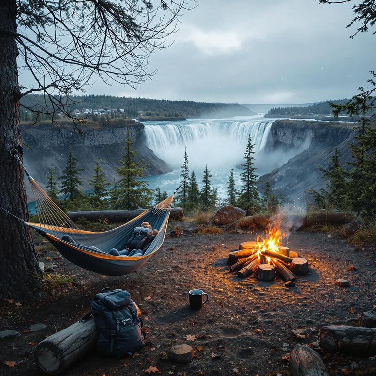 A cozy hammock campsite rests near the roaring Niagara Falls. Snow swirls through the gray sky, while a campfire warms a mug on a log. A backpack, gravel patches, and animal tracks dot the ground below.