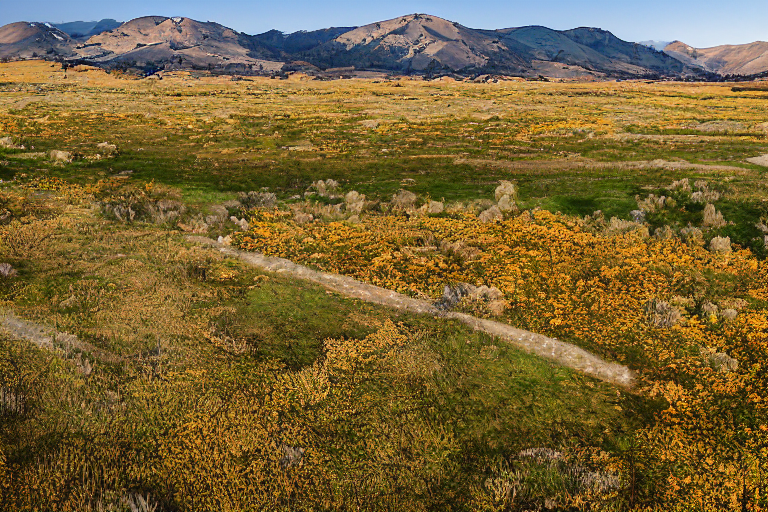 A cozy brown tent sits in a dirt clearing as the sun rises over the snowy Idaho plains. Mossy trees, small flowers, and a gentle stream surround the peaceful campsite.
