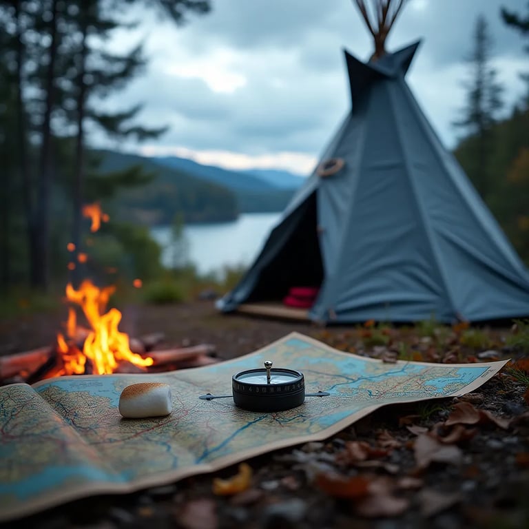 A dark gray tepee rests among fallen leaves at Apostle Islands, with mountains rising in the distance. A warm campfire toasts marshmallows beside a map and compass as storm clouds and lightning fill the sky.