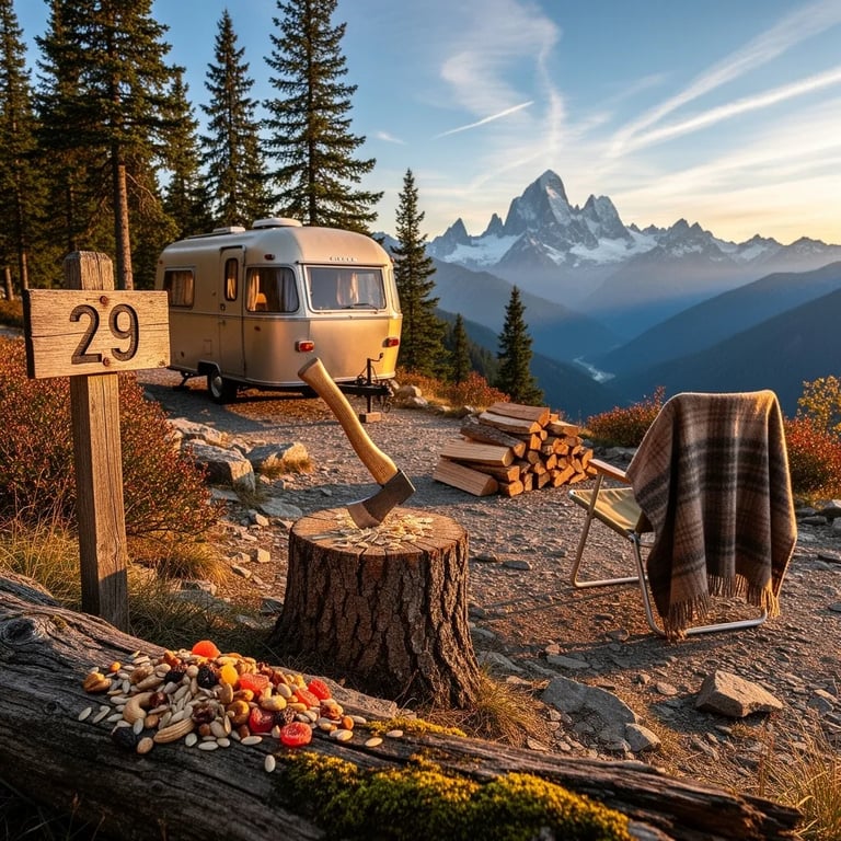 A cozy campsite sits high in the mountains, with a tan camper parked near a rocky cliff edge. Tall pine trees and cool autumn air surround a chair wrapped in a warm wool blanket, facing snowy peaks in the distance. A wooden sign marked “29,” an axe in a stump, and a small pile of firewood wait for a new campfire as the golden sun begins to set.