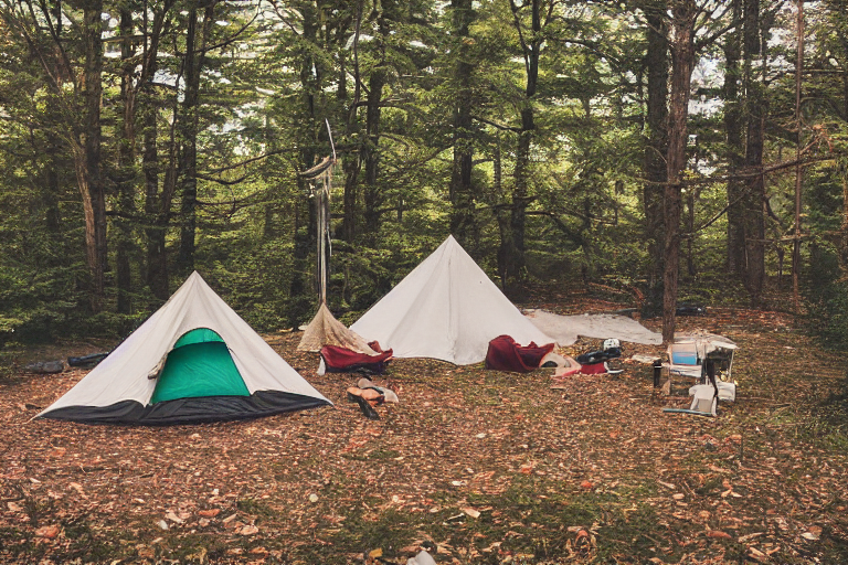 A cozy white tent rests in a quiet Upstate New York forest beneath a clear night sky. A warm campfire glows on the dirt clearing, with a hammock between the trees and clothes gently hanging nearby. Fallen leaves cover the ground, adding to the peaceful woodland mood.