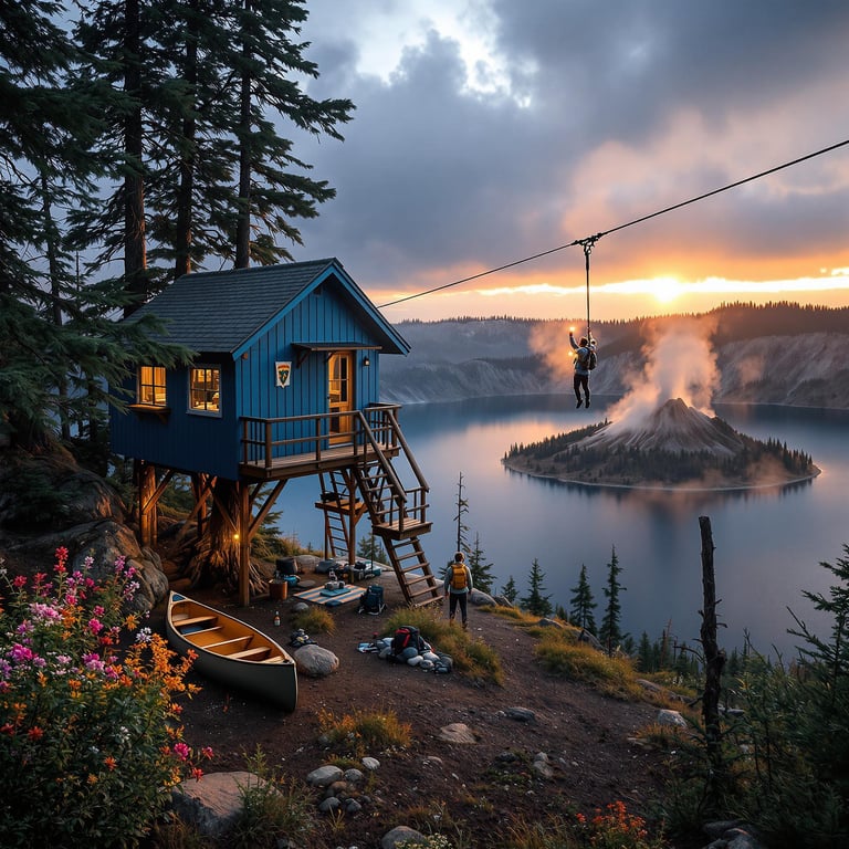 Nestled among tall trees, this cozy blue treehouse overlooks a sparkling lake with a misty island. A thrilling zip line adventure awaits as the sun sets in a sky full of colors. Flowers bloom nearby, and a canoe rests by the campfire, ready for peaceful water adventures.